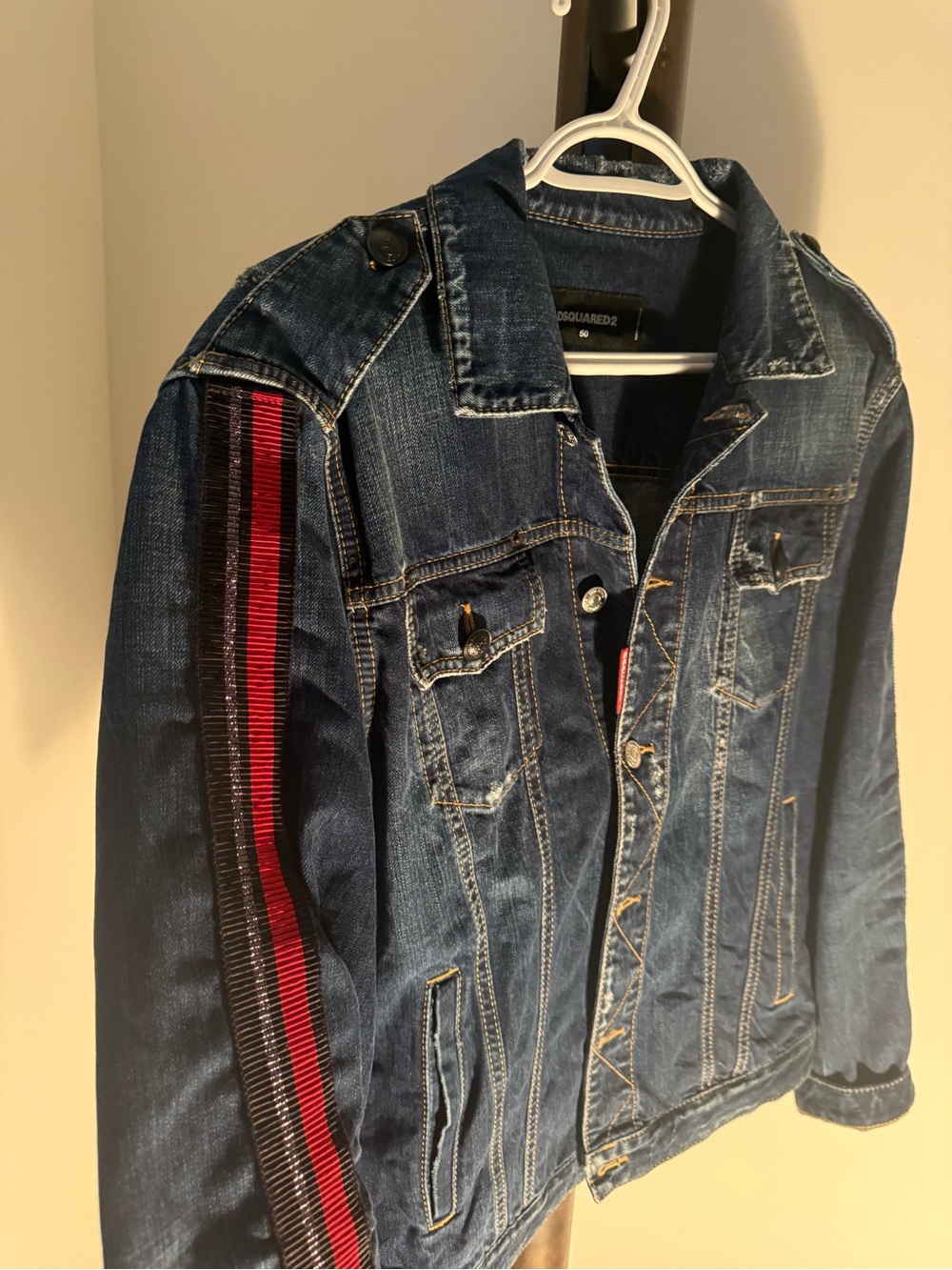 DSQUARED2 Indigo Denim Jacket with Red Stripe Sleeve